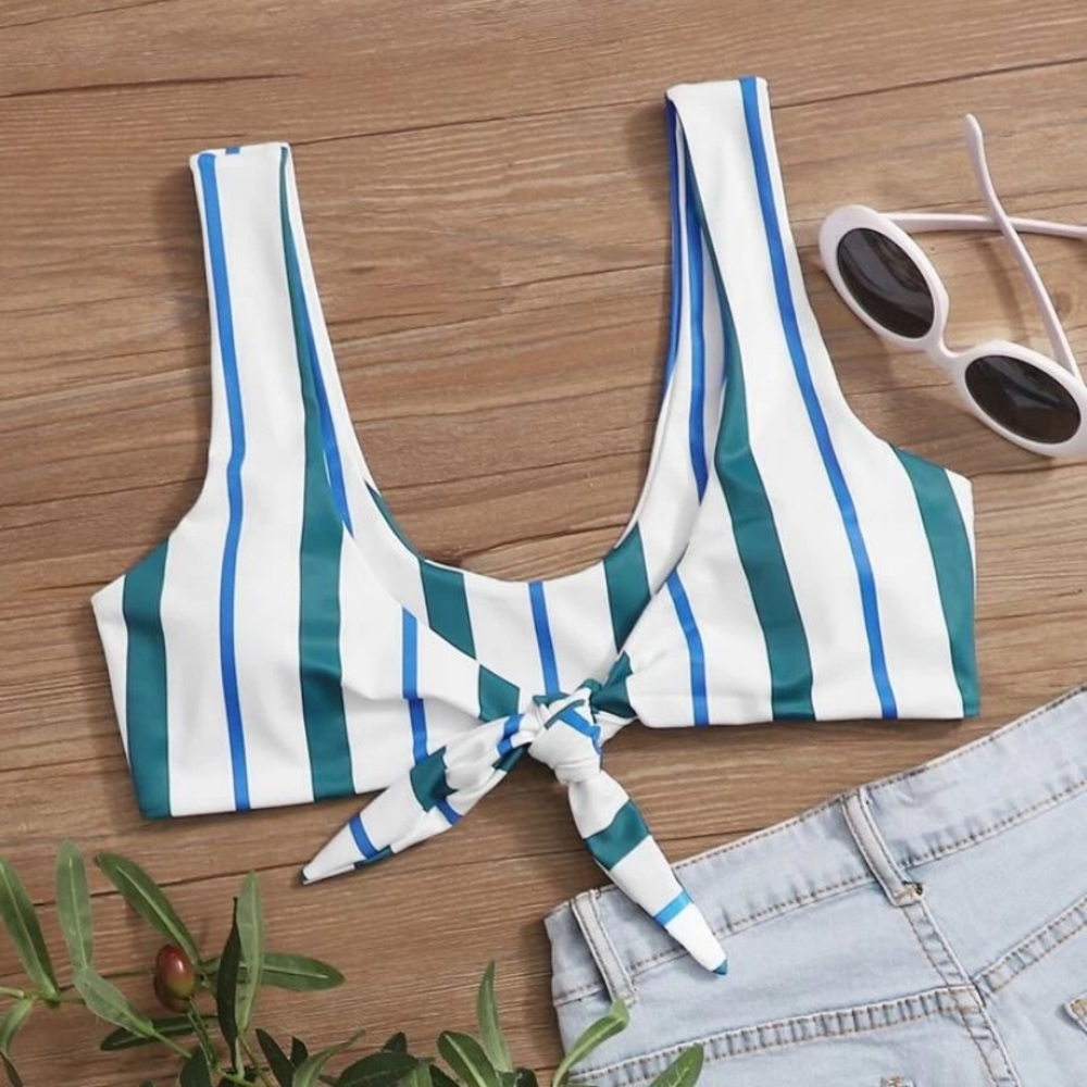 Knot Front Striped Bikini Top